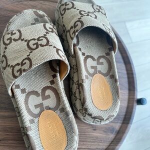 Gucci Brown & Beige GG Monogram Slide Sandals